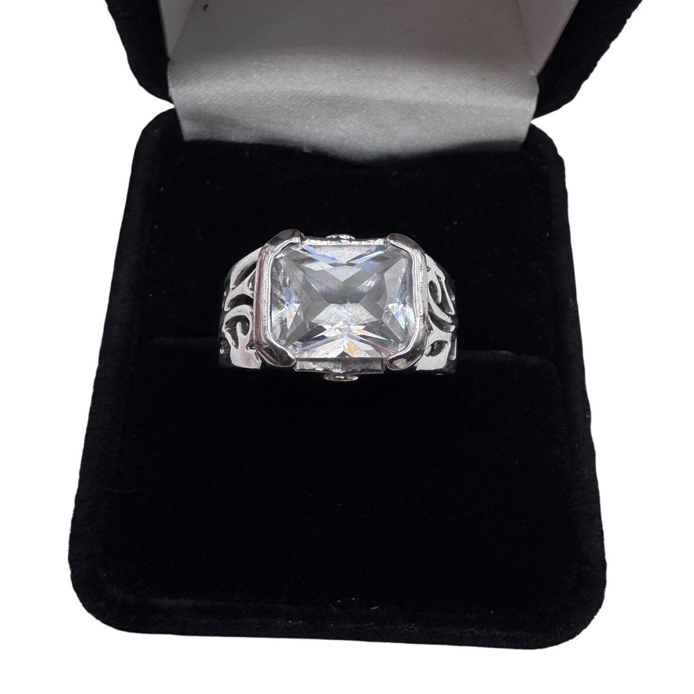 Women's Stainless Steel CZ Statement Ring Emerald Cut Silver Tone‎ Size 7